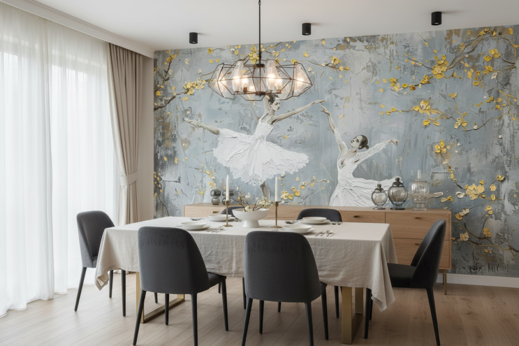 Papier peint ballerines élégantes branches dorées fond texturé gris bleu - Salle à manger