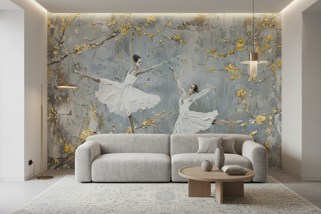 Papier peint ballerines élégantes branches dorées fond texturé gris bleu - Salon / Séjour