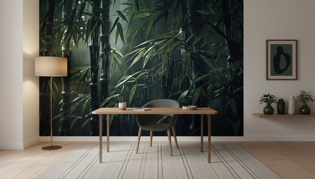 Papier peint bambou sous la pluie ambiance tropicale zen - Bureau