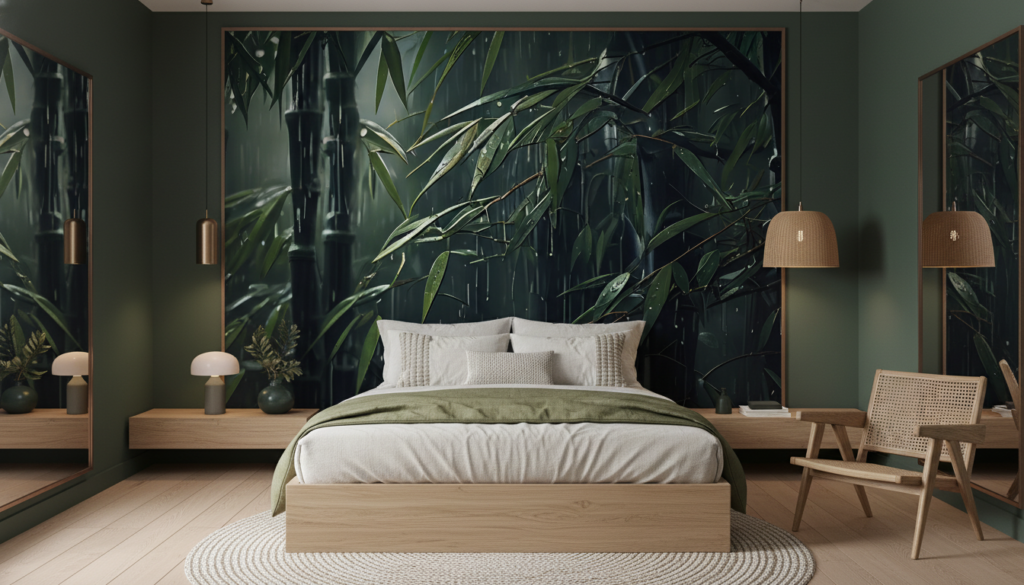 Papier peint bambou sous la pluie ambiance tropicale zen - Chambre adulte