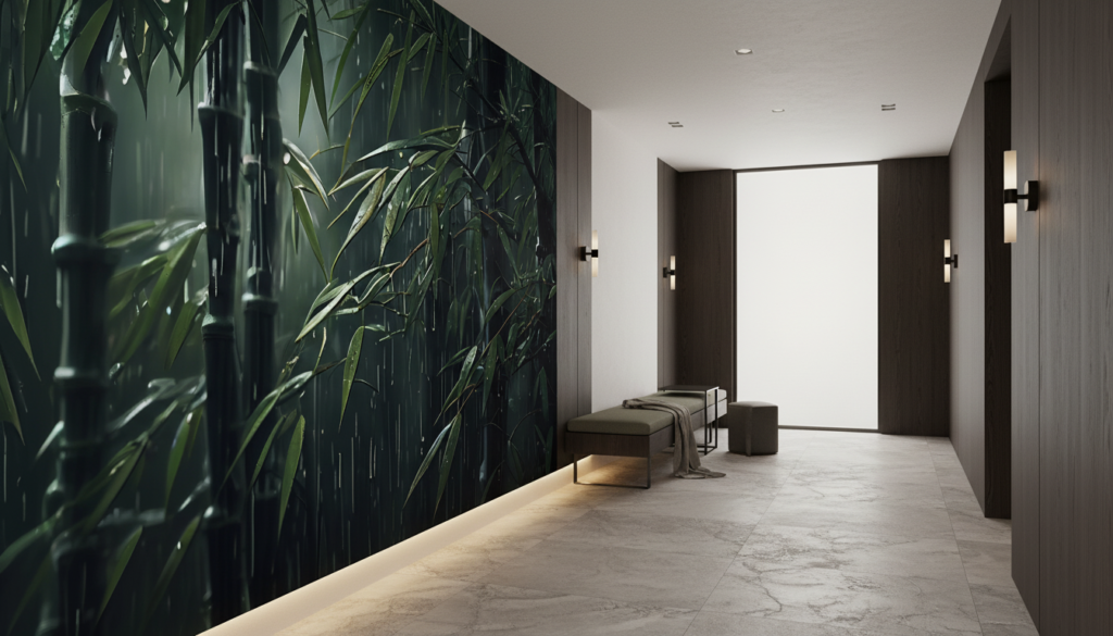 Papier peint bambou sous la pluie ambiance tropicale zen - Couloir