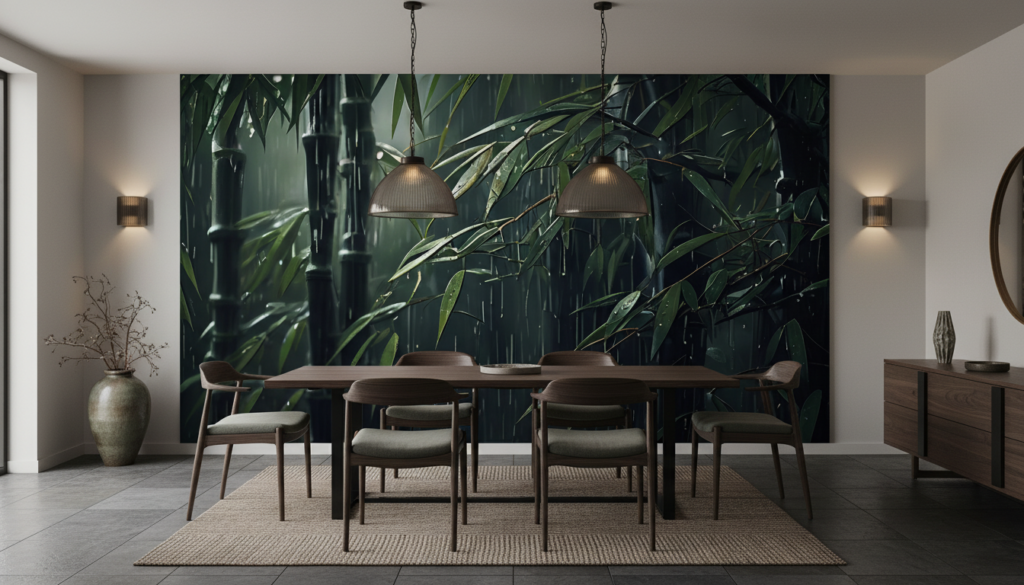 Papier peint bambou sous la pluie ambiance tropicale zen - Salle à manger