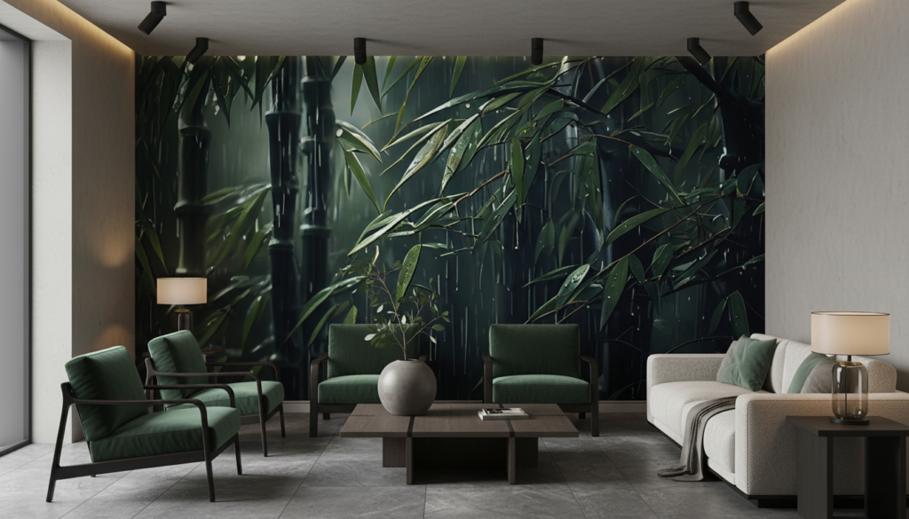 Papier peint bambou sous la pluie ambiance tropicale zen - Salon / Séjour