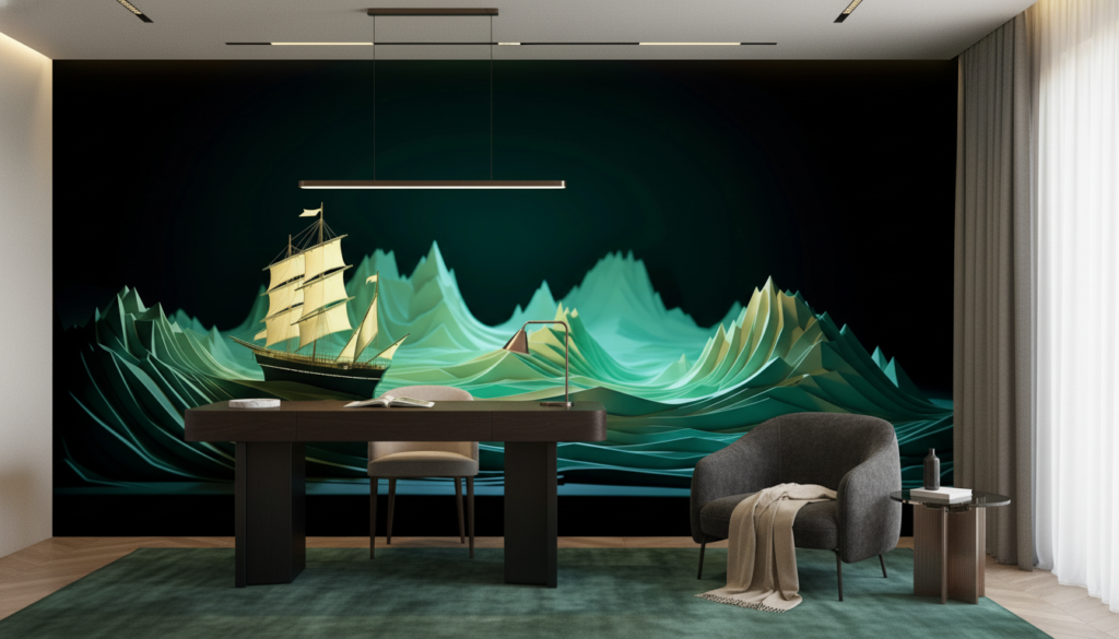 Papier Peint Bateau Voilier sur Vagues Abstraites Vertes Luminescentes - Bureau