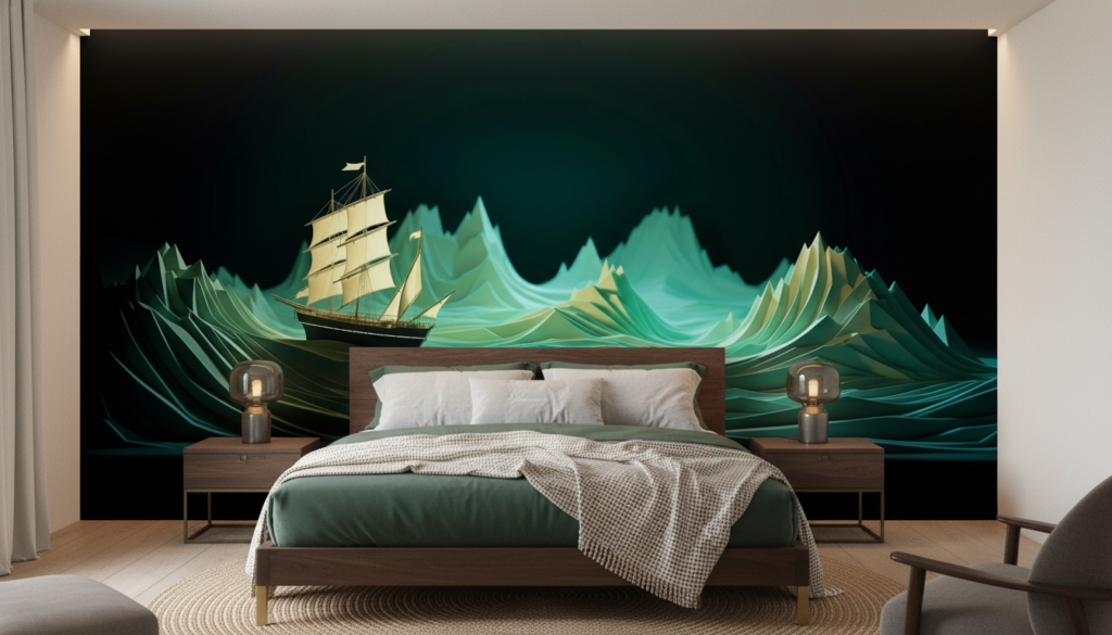 Papier Peint Bateau Voilier sur Vagues Abstraites Vertes Luminescentes - Chambre adulte