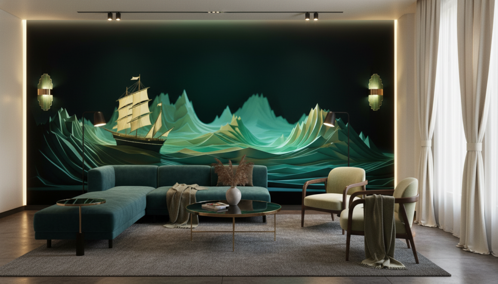 Papier Peint Bateau Voilier sur Vagues Abstraites Vertes Luminescentes - Hôtel