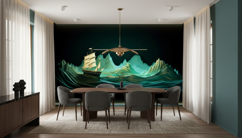 Papier Peint Bateau Voilier sur Vagues Abstraites Vertes Luminescentes - Salle à manger