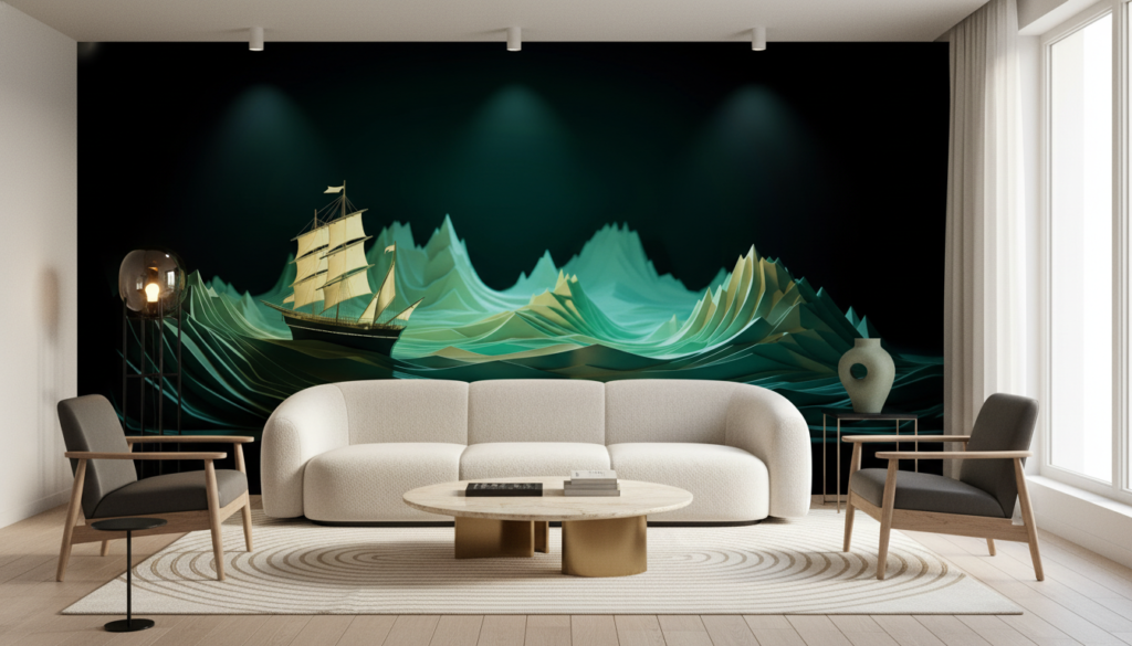 Papier Peint Bateau Voilier sur Vagues Abstraites Vertes Luminescentes - Salon / Séjour