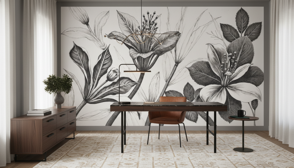 Papier peint botanical noir et blanc fleurs tropicales élégantes - Bureau