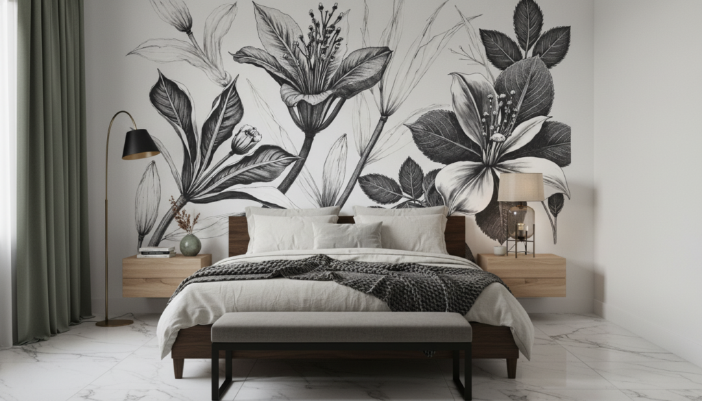 Papier peint botanical noir et blanc fleurs tropicales élégantes - Chambre adulte