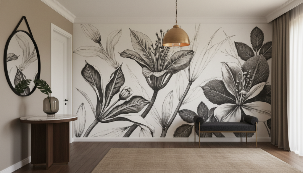 Papier peint botanical noir et blanc fleurs tropicales élégantes - Entrée