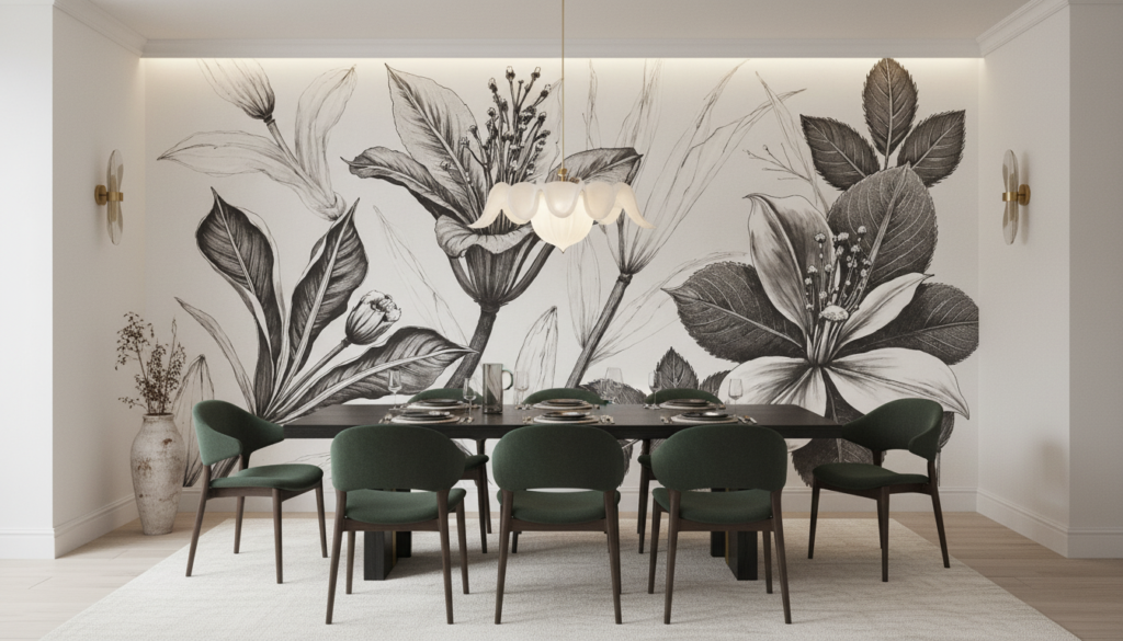 Papier peint botanical noir et blanc fleurs tropicales élégantes - Salle à manger