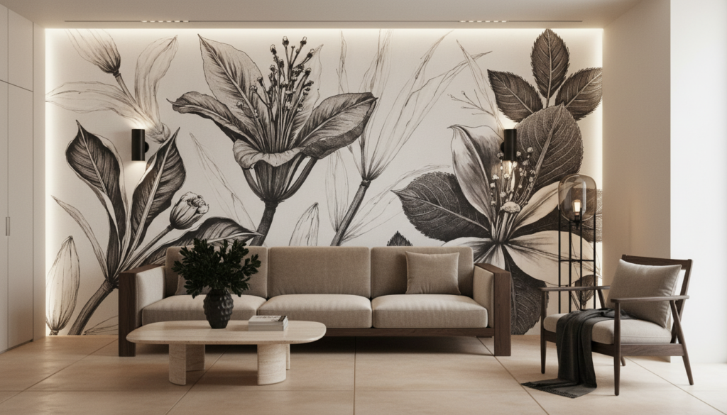 Papier peint botanical noir et blanc fleurs tropicales élégantes - Salon / Séjour