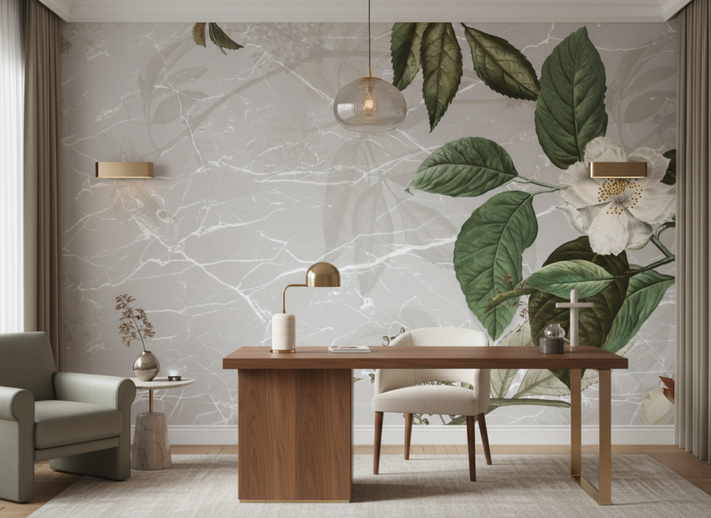 Papier peint botanique élégant fleurs blanches et feuillage vert naturel - Bureau