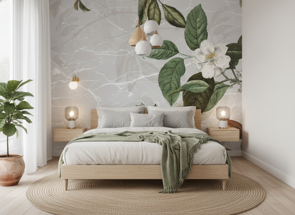 Papier peint botanique élégant fleurs blanches et feuillage vert naturel - Chambre adulte