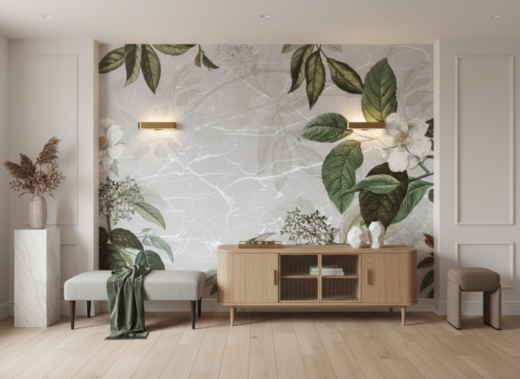 Papier peint botanique élégant fleurs blanches et feuillage vert naturel - Entrée