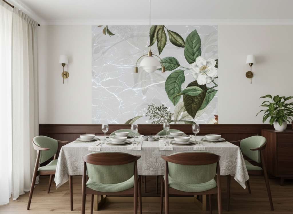 Papier peint botanique élégant fleurs blanches et feuillage vert naturel - Salle à manger