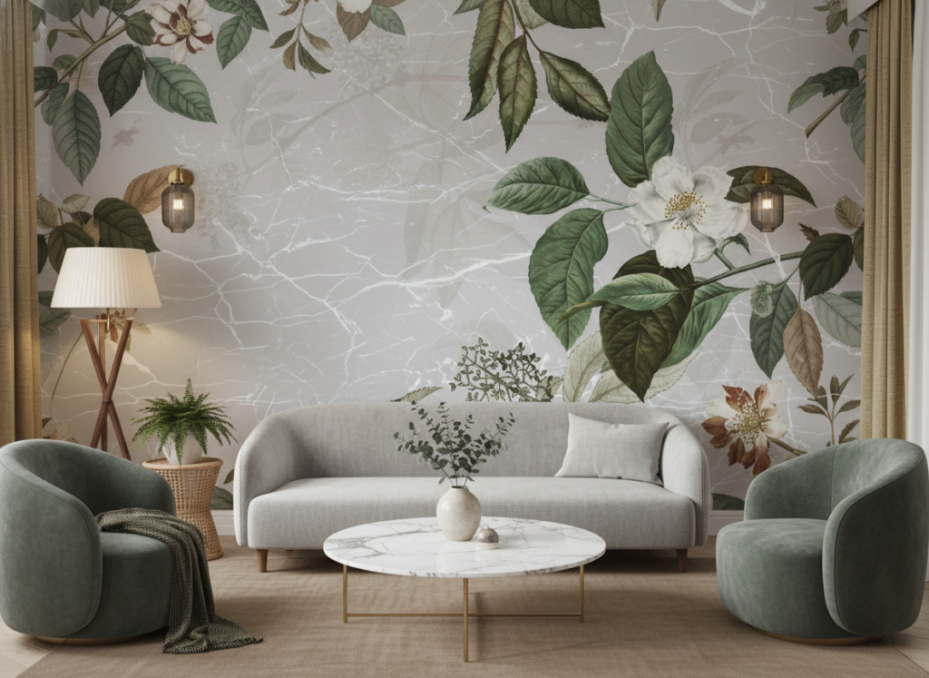 Papier peint botanique élégant fleurs blanches et feuillage vert naturel - Salon / Séjour