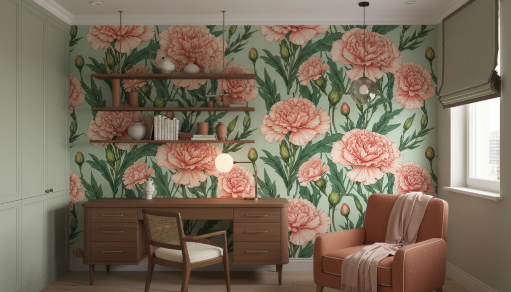 Papier peint botanique carnations roses vintage sur fond sage - Bureau
