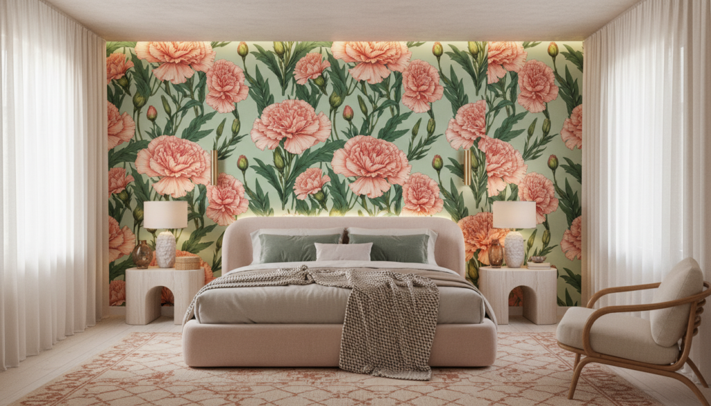Papier peint botanique carnations roses vintage sur fond sage - Chambre adulte