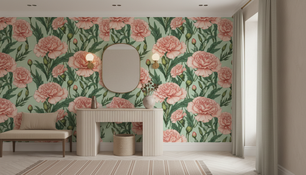 Papier peint botanique carnations roses vintage sur fond sage - Entrée