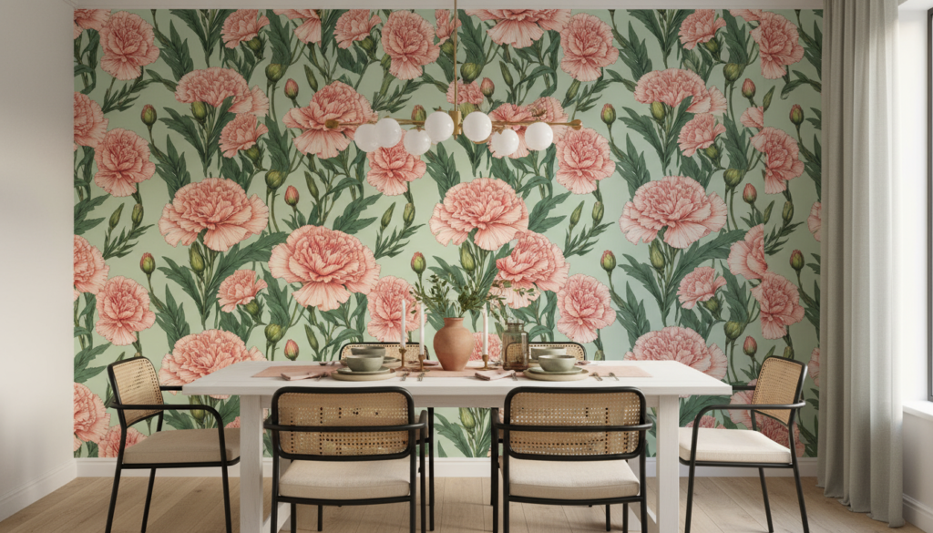 Papier peint botanique carnations roses vintage sur fond sage - Salle à manger