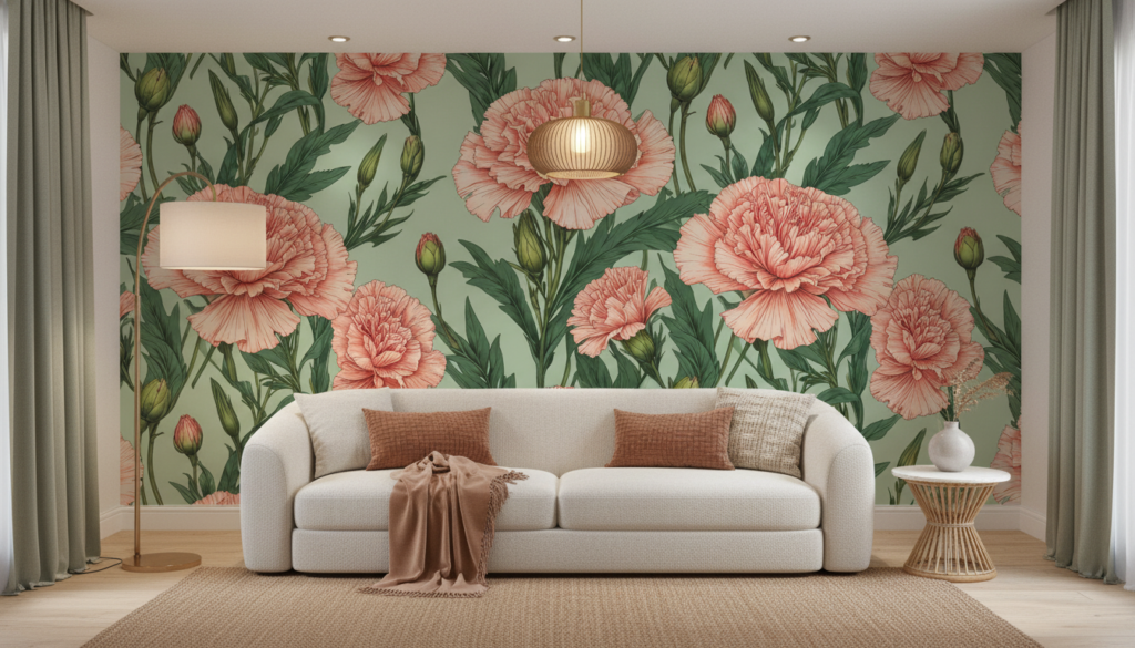 Papier peint botanique carnations roses vintage sur fond sage - Salon / Séjour