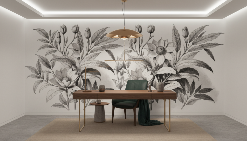 Papier peint botanique fleurs et feuillages vintage noir et blanc - Bureau