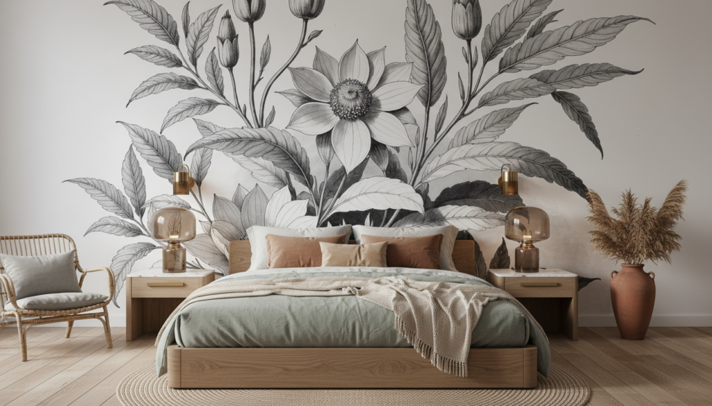 Papier peint botanique fleurs et feuillages vintage noir et blanc - Chambre adulte