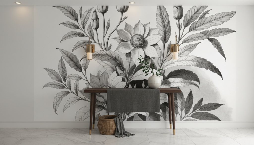 Papier peint botanique fleurs et feuillages vintage noir et blanc - Entrée