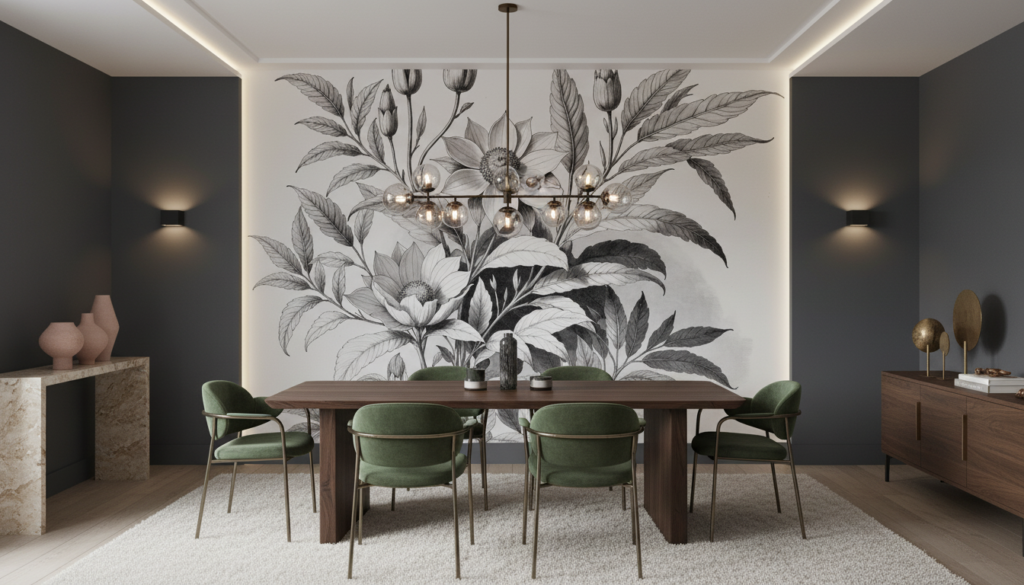 Papier peint botanique fleurs et feuillages vintage noir et blanc - Salle à manger