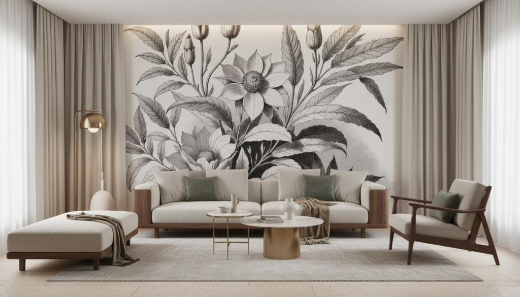 Papier peint botanique fleurs et feuillages vintage noir et blanc - Salon / Séjour