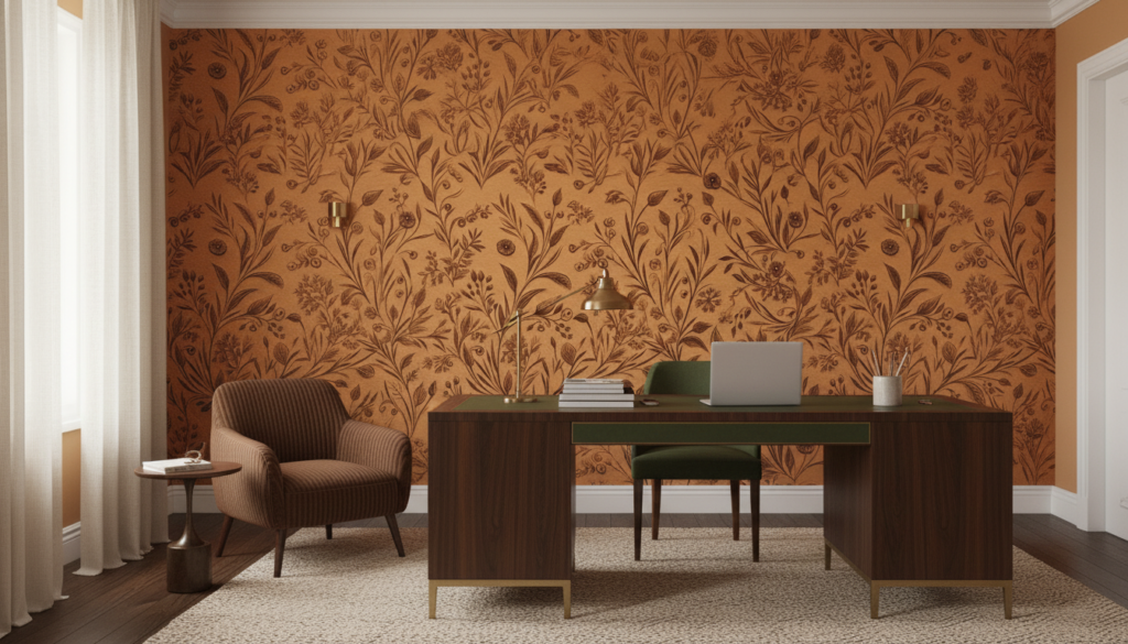 Papier Peint Botanique Gravé sur Fond Cuivre Artisanal - Bureau