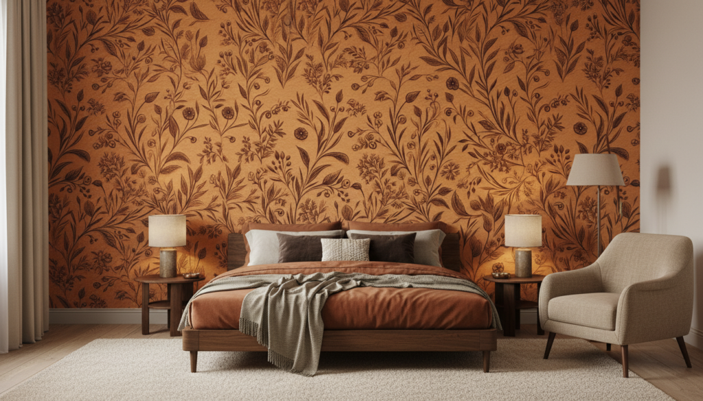 Papier Peint Botanique Gravé sur Fond Cuivre Artisanal - Chambre adulte