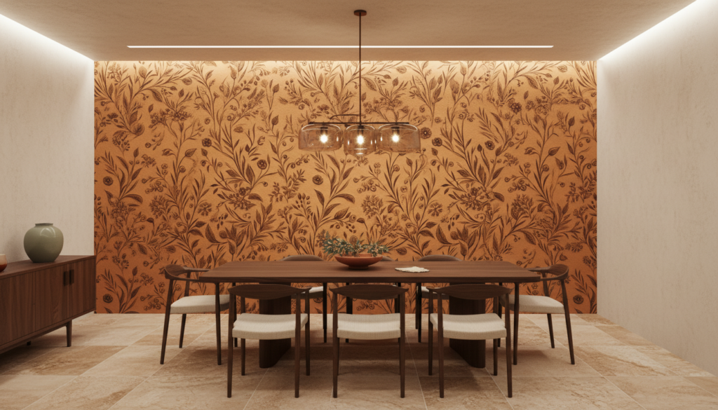 Papier Peint Botanique Gravé sur Fond Cuivre Artisanal - Salle à manger