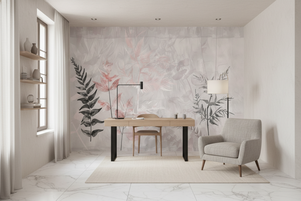 Papier peint botanique minimaliste aux tons rosés et gris - Bureau