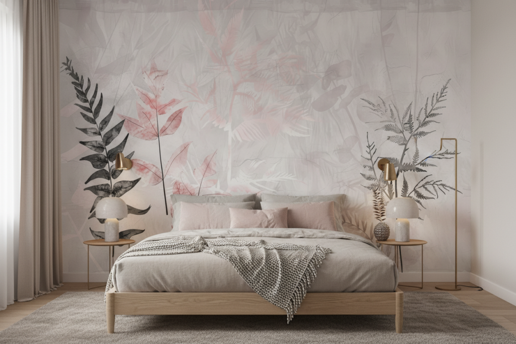 Papier peint botanique minimaliste aux tons rosés et gris - Chambre adulte