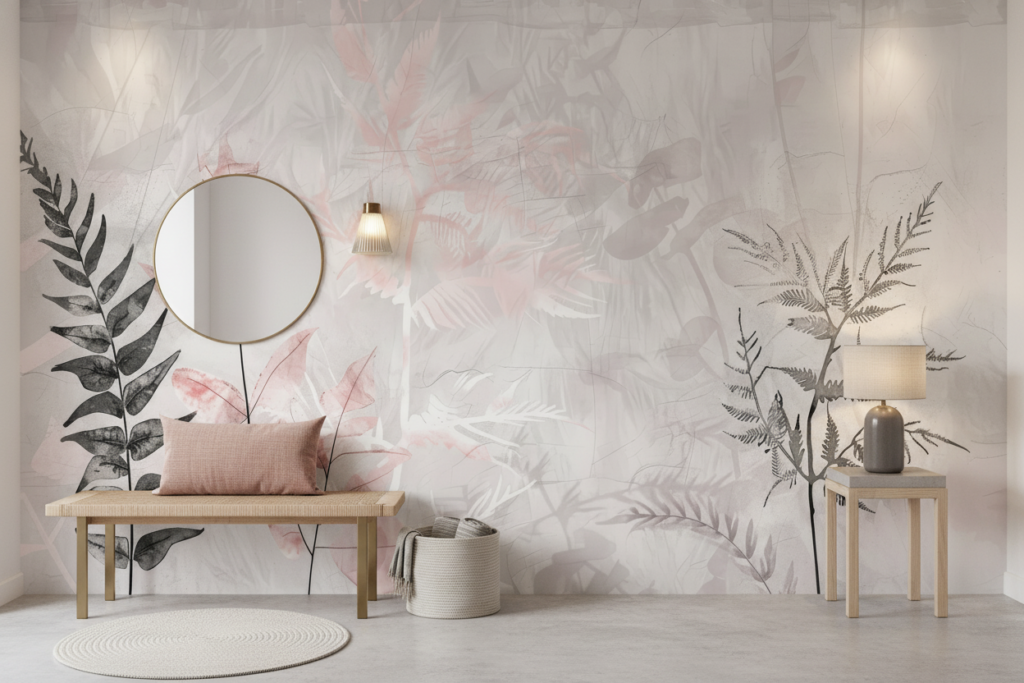 Papier peint botanique minimaliste aux tons rosés et gris - Entrée