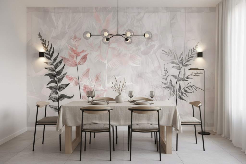 Papier peint botanique minimaliste aux tons rosés et gris - Salle à manger