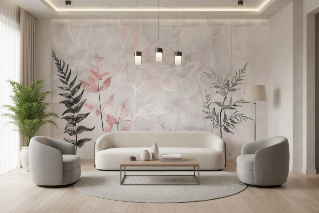 Papier peint botanique minimaliste aux tons rosés et gris - Salon / Séjour