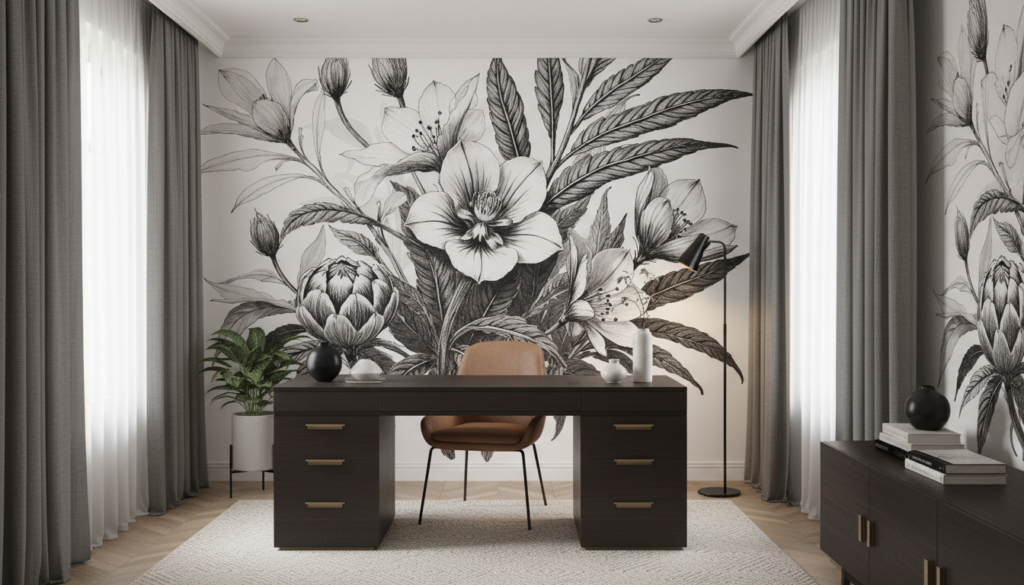 Papier peint botanique noir et blanc aux motifs floraux élégants - Bureau