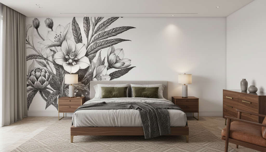 Papier peint botanique noir et blanc aux motifs floraux élégants - Chambre adulte