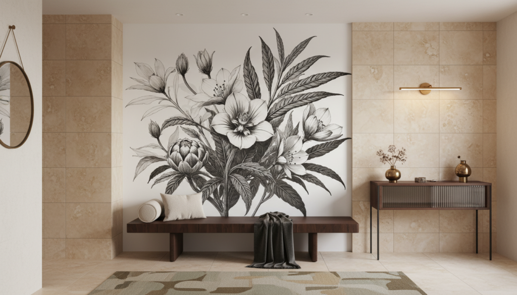 Papier peint botanique noir et blanc aux motifs floraux élégants - Entrée