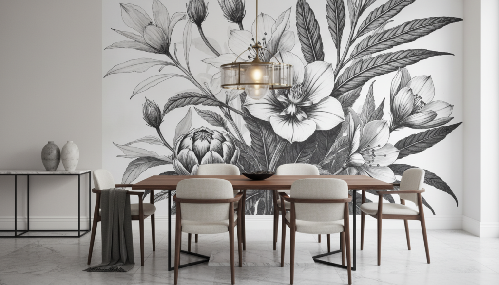 Papier peint botanique noir et blanc aux motifs floraux élégants - Salle à manger