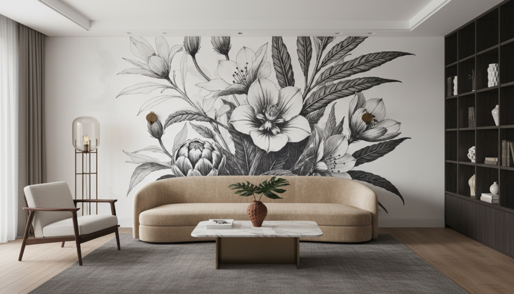 Papier peint botanique noir et blanc aux motifs floraux élégants - Salon / Séjour