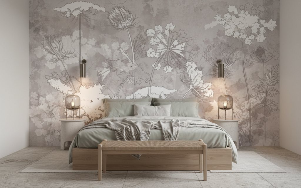 Papier peint botanique vintage fleurs sauvages ombellifères aquarelle - Chambre adulte