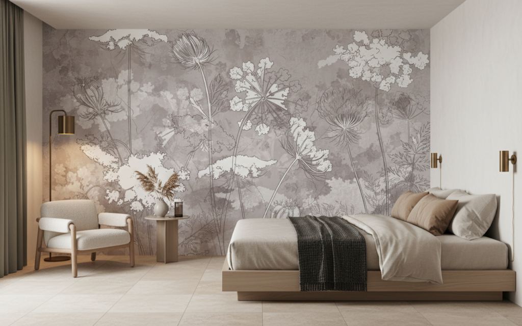 Papier peint botanique vintage fleurs sauvages ombellifères aquarelle - Hôtel