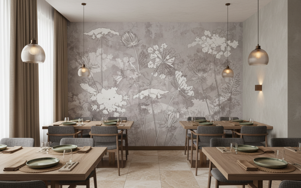 Papier peint botanique vintage fleurs sauvages ombellifères aquarelle - Restaurant