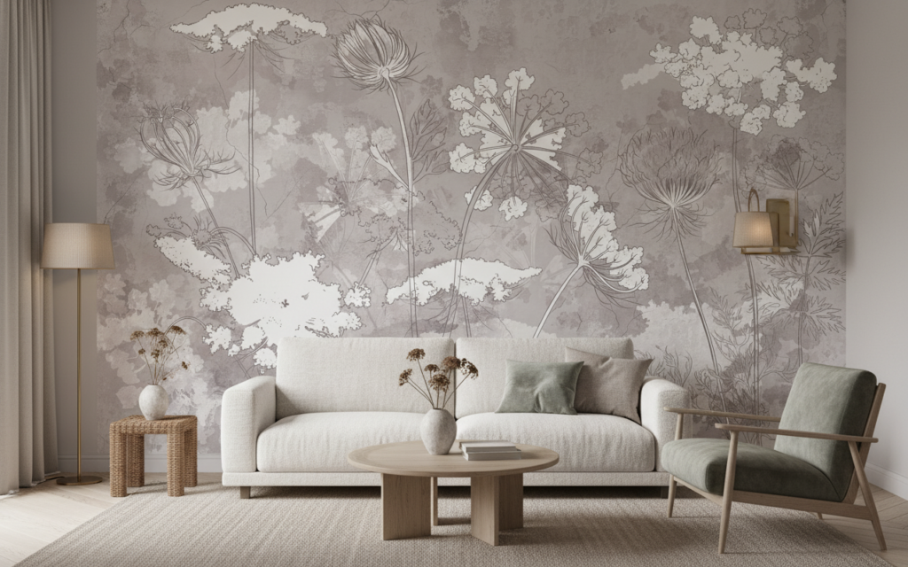 Papier peint botanique vintage fleurs sauvages ombellifères aquarelle - Salon / Séjour