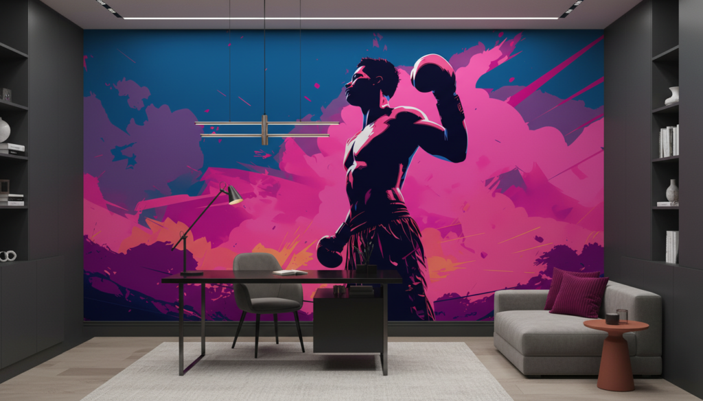 Papier peint boxeur silhouette moderne explosion colorée rose fuchsia - Bureau